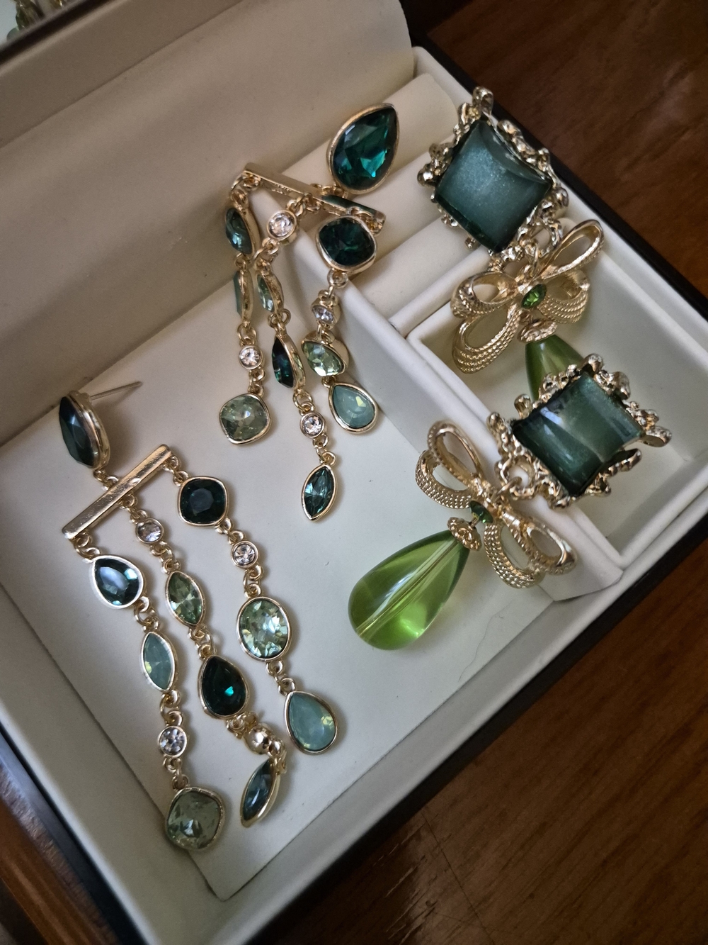 Gold-Tone Green Gemstone Dangle Earrings Set